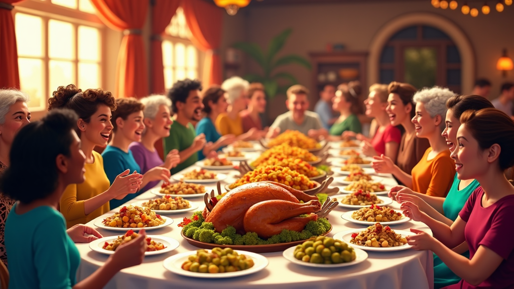 An extensive cartoon Thanksgiving buffet shows off side dishes like caramelized Brussels sprouts and heaps of herbed stuffing. Characters from different corners of the world join, including guests wearing traditional attire, depicting an embracing of cultures and fostering a universal spirit of gratitude and togetherness.