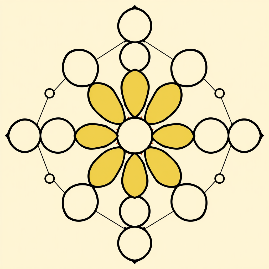 Emergent Complexity Nodes: A cluster of simple, individual abstract shapes that, when arranged closely, visually merge to form a larger, more complex and distinct abstract pattern or meta-shape, representing how simple rules lead to complex generation.