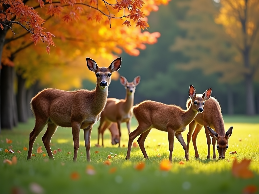 A family of deer grazes quietly in a meadow, their fur blending seamlessly with the browns and reds of the fall foliage backdrop.