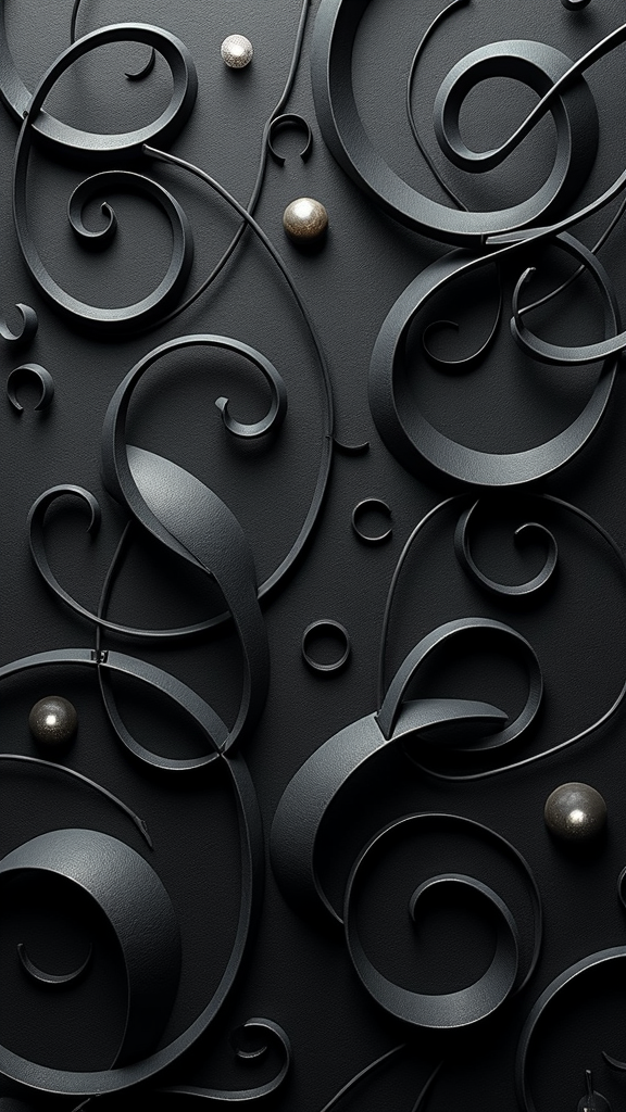 The image shows a black background with swirls and pearls, creating a unique and eye-catching design. The swirls are arranged in a pattern, with some of them overlapping each other, and the pearls are scattered throughout the design, adding a touch of elegance and sophistication. The black color of the background creates a stark contrast, making the design stand out even more.