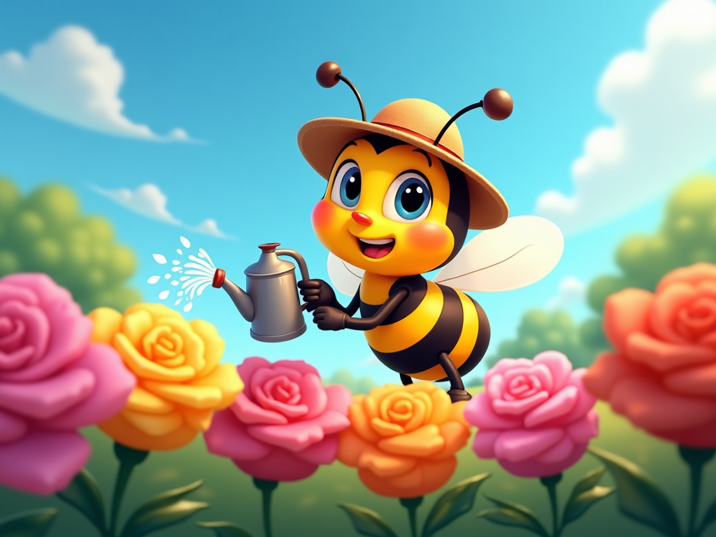 A cartoon bee wielding a small watering can, joyfully spraying drops over a row of blooming roses, under a crystal-clear sky.