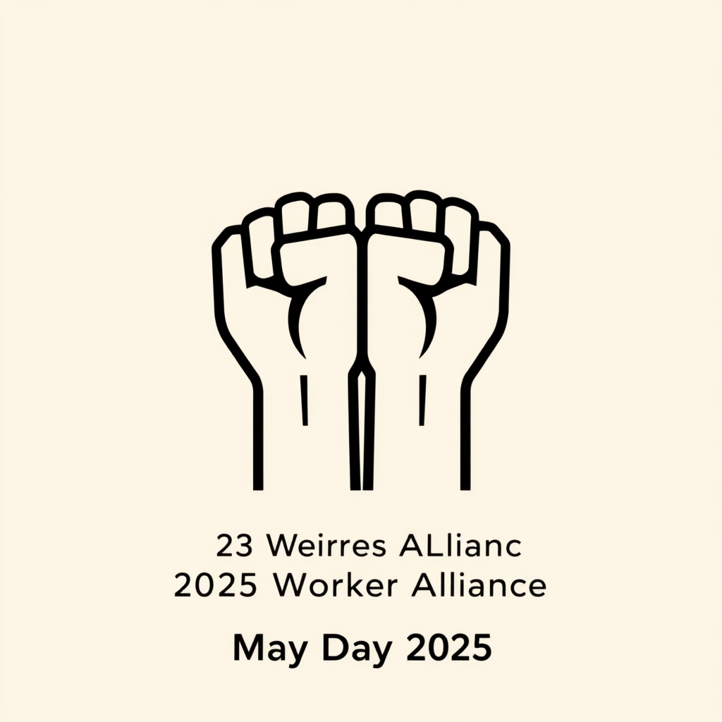 Simple Interlocked Grip Icon: A minimalist logo featuring two bold, abstract hand shapes clearly interlocked in a firm grip. This icon would be easily recognizable and scalable. '2025 Worker Alliance' or 'May Day 2025' would be typeset cleanly below or beside the icon.