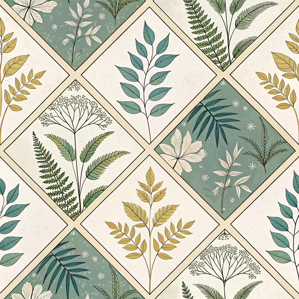 Botanical Geometry Fusion: Combine organic eco-print motifs with structured geometric layouts, such as repeating tiles where each features a unique botanical print, forming a larger, ordered design.