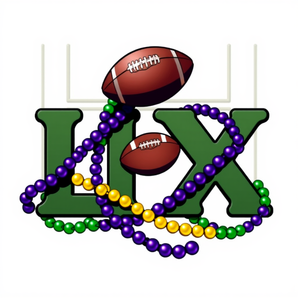 Beads & Goalposts: Intertwined strands of purple, green, and gold Mardi Gras beads form the shape of the 'LIX' numerals or artistically surround them. Behind this, a silhouette of football goalposts. A small football could be the 'dot' for the 'I' in LIX.