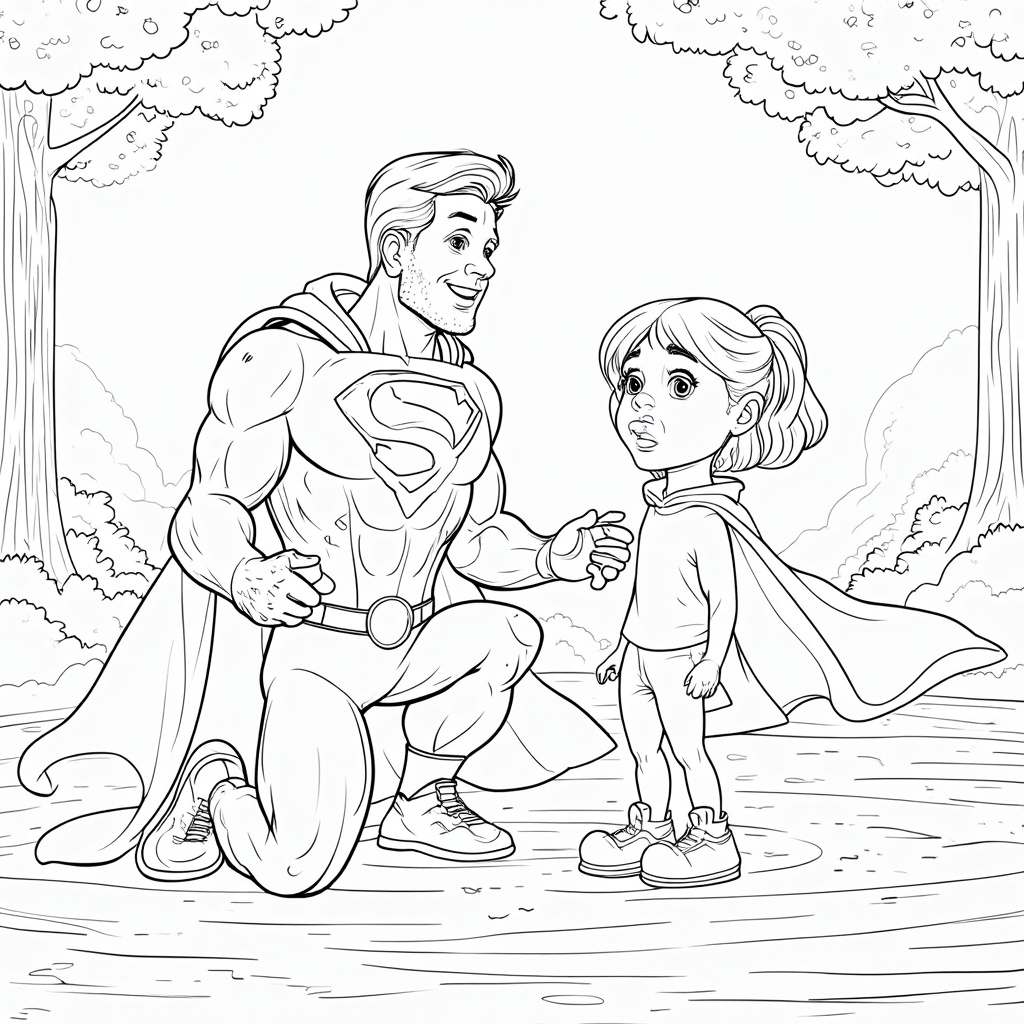 A superhero comforting a child who is sad, showing that heroes also offer emotional support and kindness.