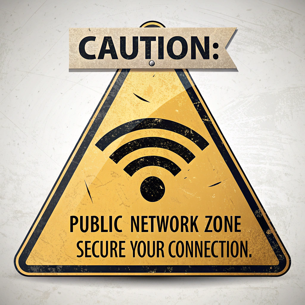 Sticker Design: A classic yellow triangular warning road sign, with a Wi-Fi symbol prominently displayed inside. Text: 'CAUTION: Public Network Zone. Secure Your Connection.'