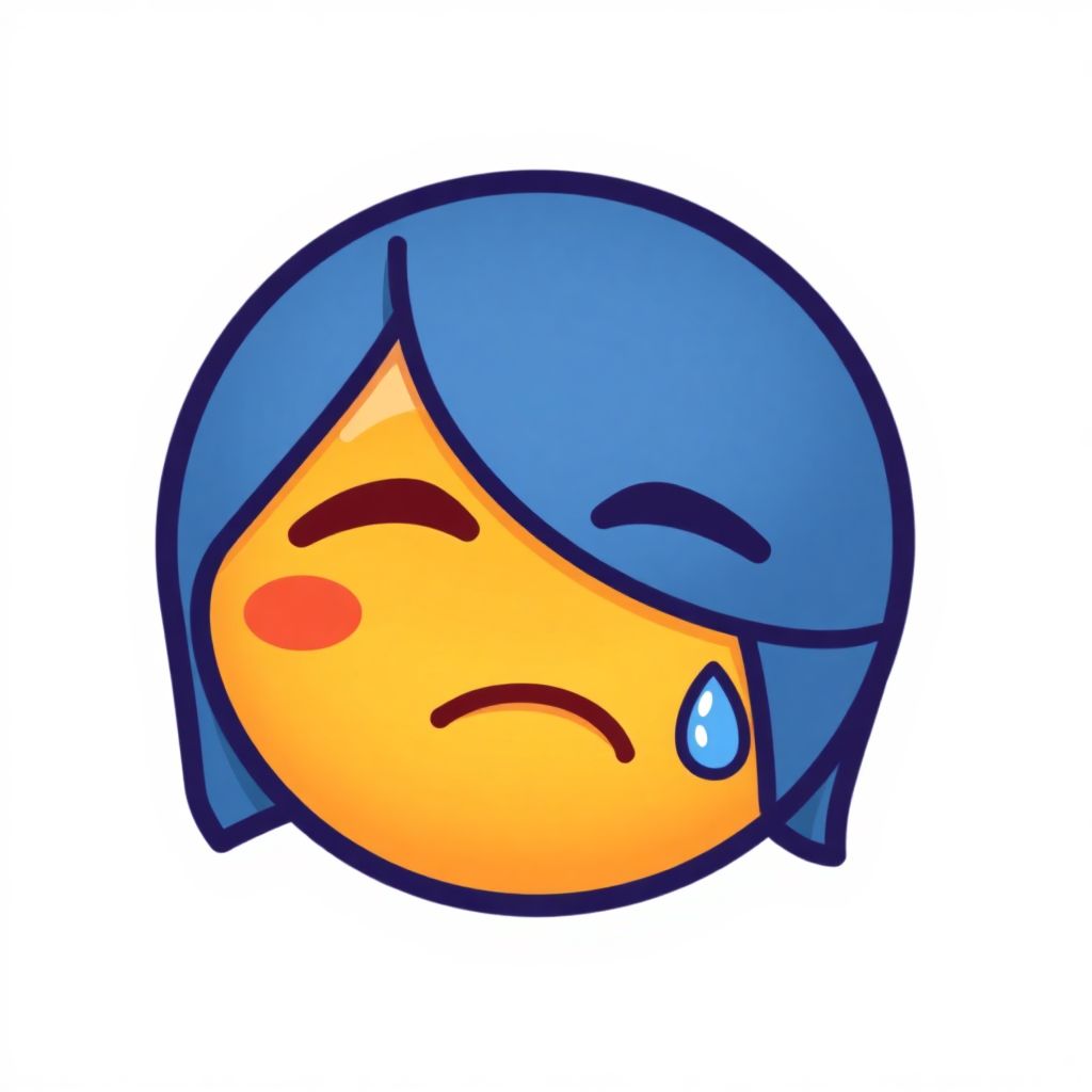 The image shows a cartoon girl with blue hair and a sad expression on her face, set against a white background.