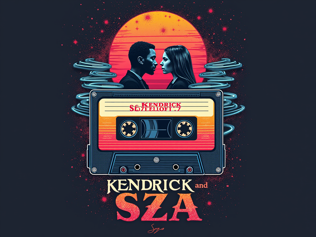 Space Age Cassette Symphony: Integrate imagery of a cassette tape (a retro icon) morphing into futuristic soundwave patterns or a celestial object. Kendrick and SZA's faces could be subtly incorporated into the design or their names displayed in a font that mimics digital readouts from old-school tech. Emphasize a blend of tangible retro tech with abstract future sounds.