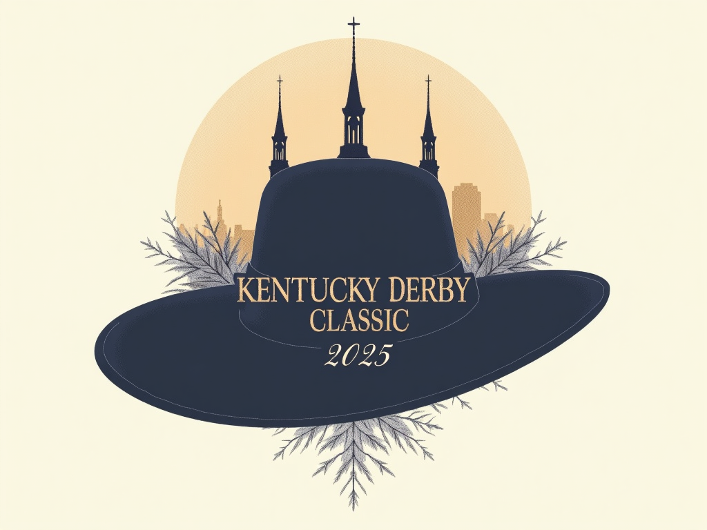 Twin Spires Homage: A design showcasing a classic Derby hat silhouette where the iconic Twin Spires are subtly incorporated into the hat's design or as a background element. Text 'Kentucky Derby Classic 2025'.