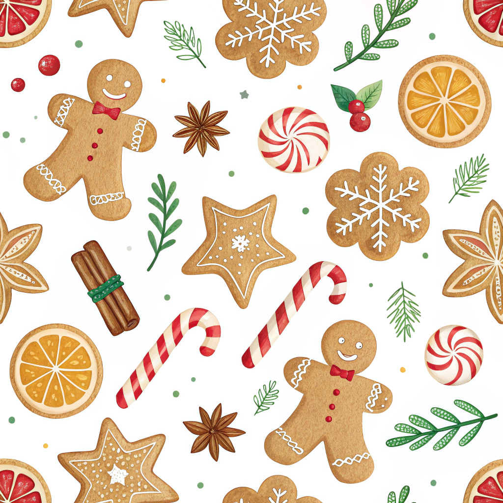 A kitchen towel hanging on an oven door, with a repeating pattern of gingerbread cookies and Christmas candy, ready to add holiday cheer to cooking endeavors.