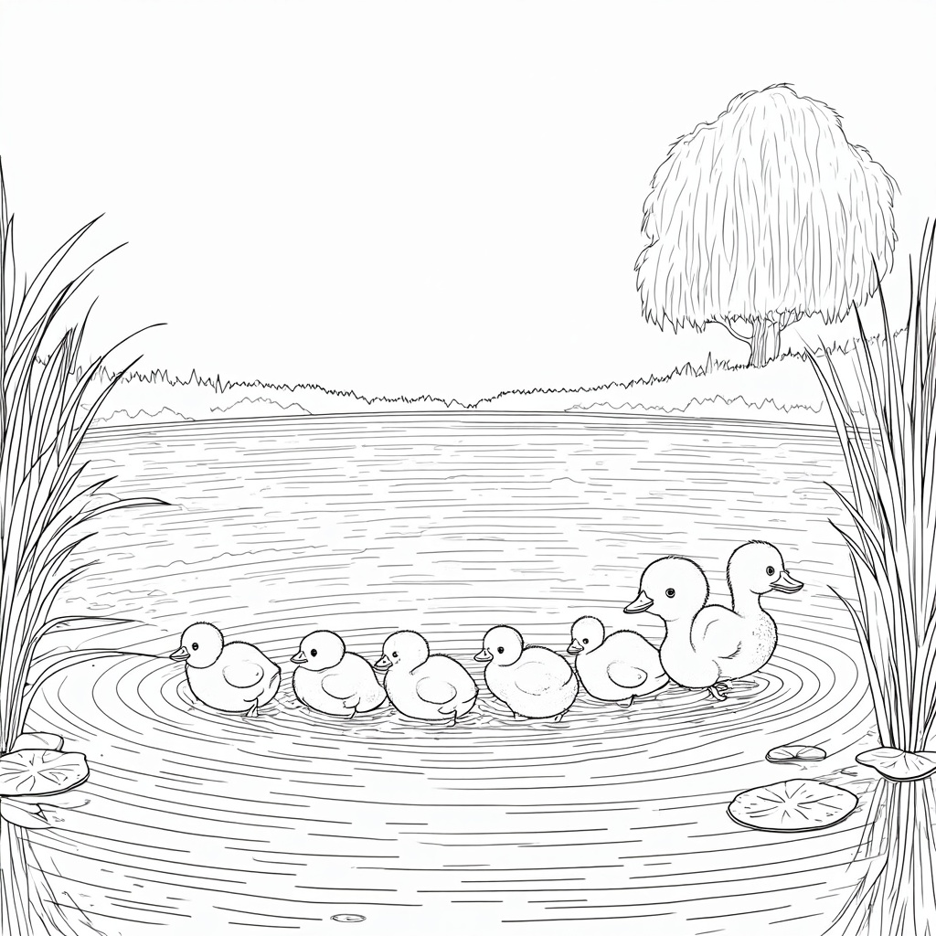 A mother duck leading her line of fluffy ducklings across a serene pond. The scene can feature lily pads, cattails, a gently rippling water surface, and a distant weeping willow tree on the bank.