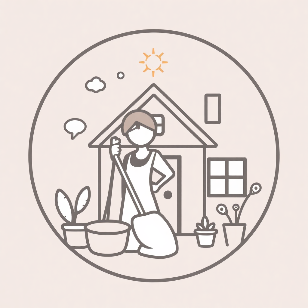 The image is an illustration of a person cleaning the house. The person is standing in front of a small house with a broom and a bucket in their hands. The house has a window and a door, and there are several potted plants around it. Above the house, there is a sun and a cloud, suggesting that the person is in the process of cleaning. The image is in a circular shape, with a light pink background.