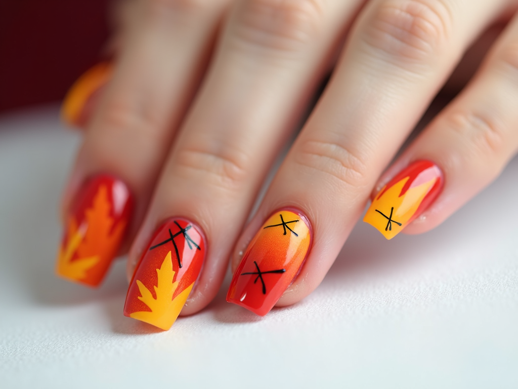 Bright, cheerful nails showcasing a mix of falling leaves in red, orange, and yellow on a crisp, clean white background.