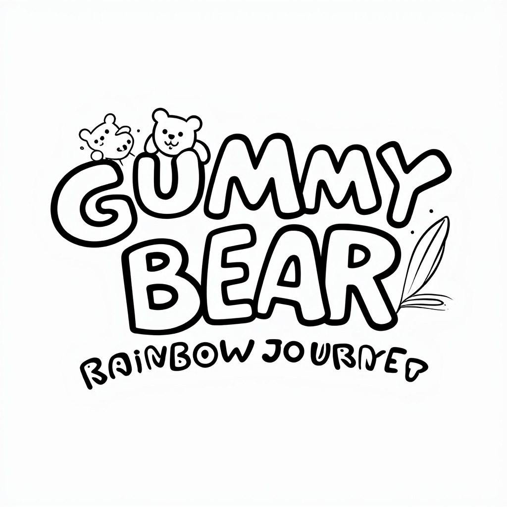 Playful Logo for 'Gummy Bear Rainbow Journey' Coloring Book: The title text 'Gummy Bear Rainbow Journey' in a soft, rounded, child-friendly font. One of the 'O's in 'Journey' or 'Rainbow' could be replaced with a round gummy candy. A small, colorful gummy bear character could be playfully interacting with the letters, like climbing on one or painting a rainbow streak nearby.