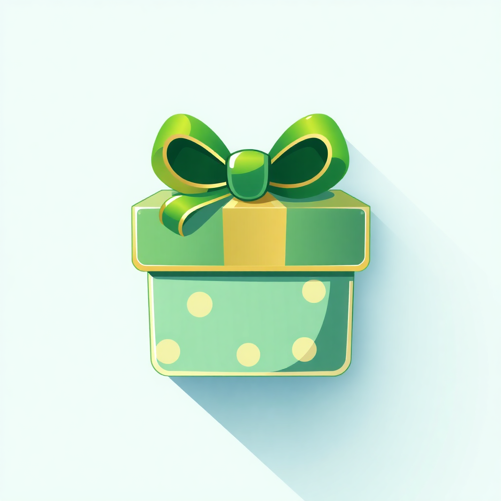 The image is a digital illustration of a gift box. The box is rectangular in shape and has a green ribbon tied in a bow on top. The ribbon is a bright green color and is tied in two loops at the top of the box. Below the ribbon, there is a small green box with white polka dots on it. The background is a light blue color. The overall design is simple and minimalistic.