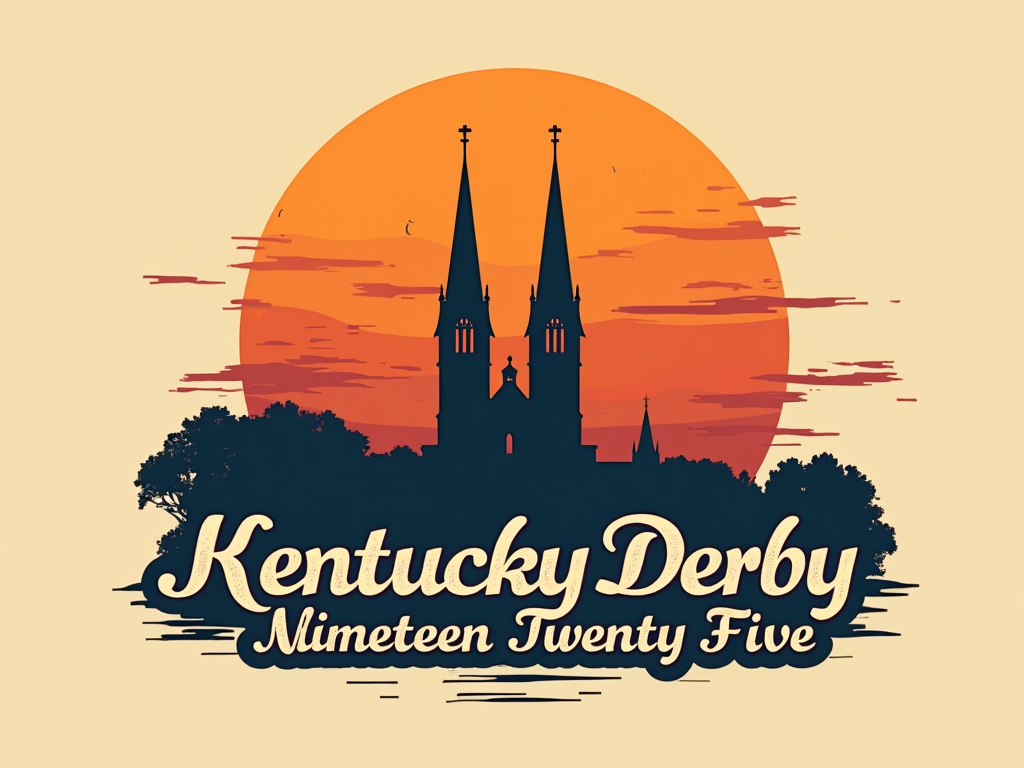 Retro Poster Design 5: 'Churchill Downs Silhouette' - A minimalist retro design featuring a stark silhouette of the Twin Spires against a setting sun (or a single bold color block). 'Kentucky Derby Nineteen Twenty-Five' (stylized for 2025) in elegant, elongated serif font below.