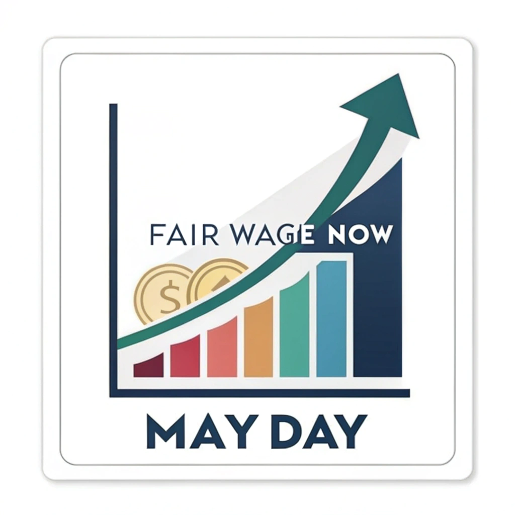 Abstract Bar Graph: Stylized minimalist bar graph with a distinct rising bar, visually representing 'Fair Wage Now'. Text integrated cleanly. 'May Day' beneath.