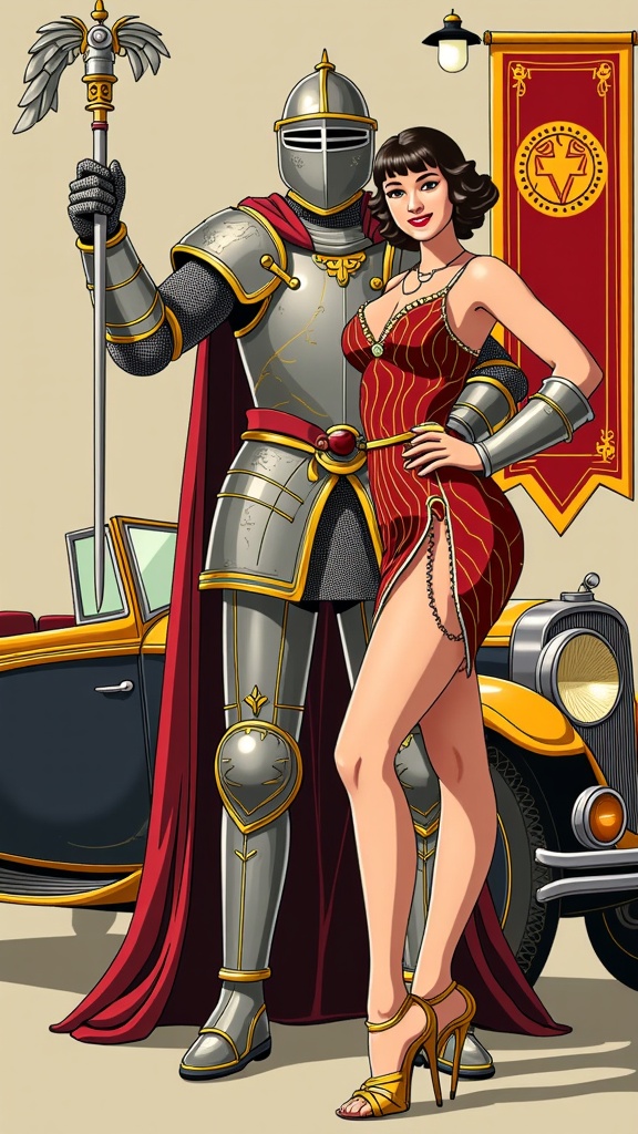 AI-generated illustrations of movie characters where historical costumes are blended with elements from a completely different historical era, creating unexpected juxtapositions.