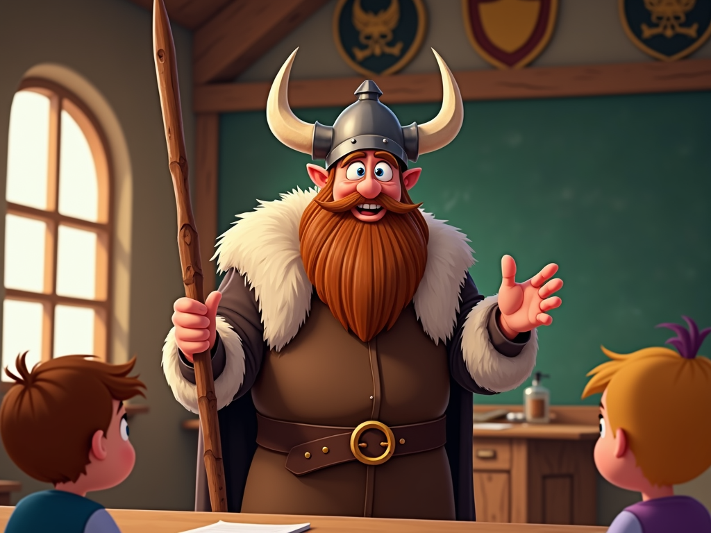 A friendly, but stern, older Viking instructor with a large beard and horned helmet leading a class.