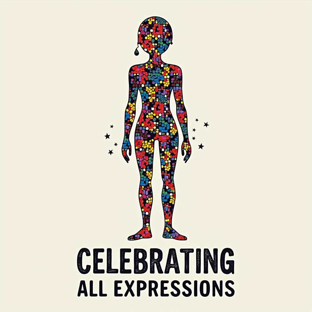 Mosaic of Identities: A silhouette of a human figure or a collective group composed of numerous small, varied geometric shapes or organic tiles in a multitude of colors and opacities, representing the diverse components that form identities beyond binary constraints. Accompanied by the text 'Celebrating All Expressions'.