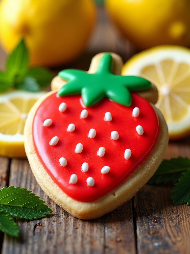 A cookie that has the shape of a strawberry, with a lemon-flavored glaze