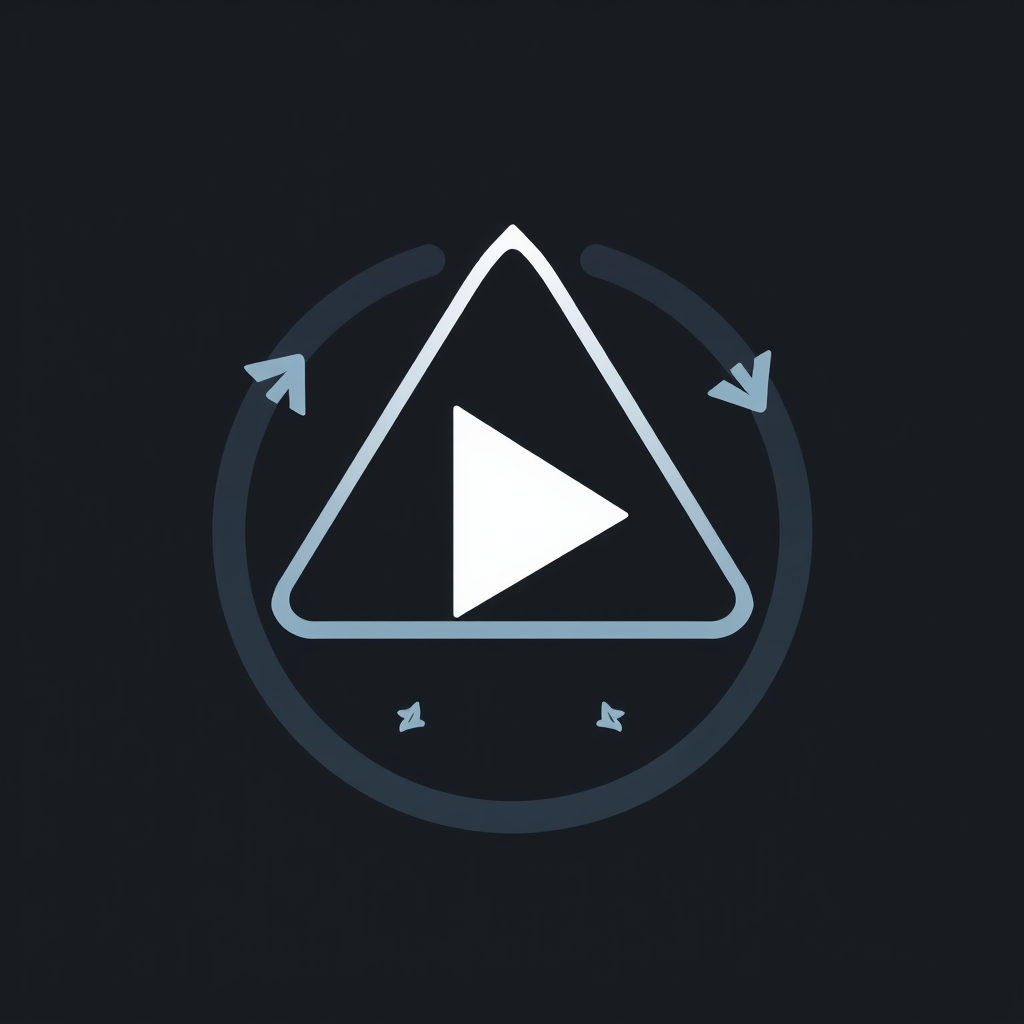 A play button icon where the triangle is composed of or surrounded by sleek, circular arrows or subtle gear motifs, symbolizing AI-powered optimization of playback and performance settings for TV.