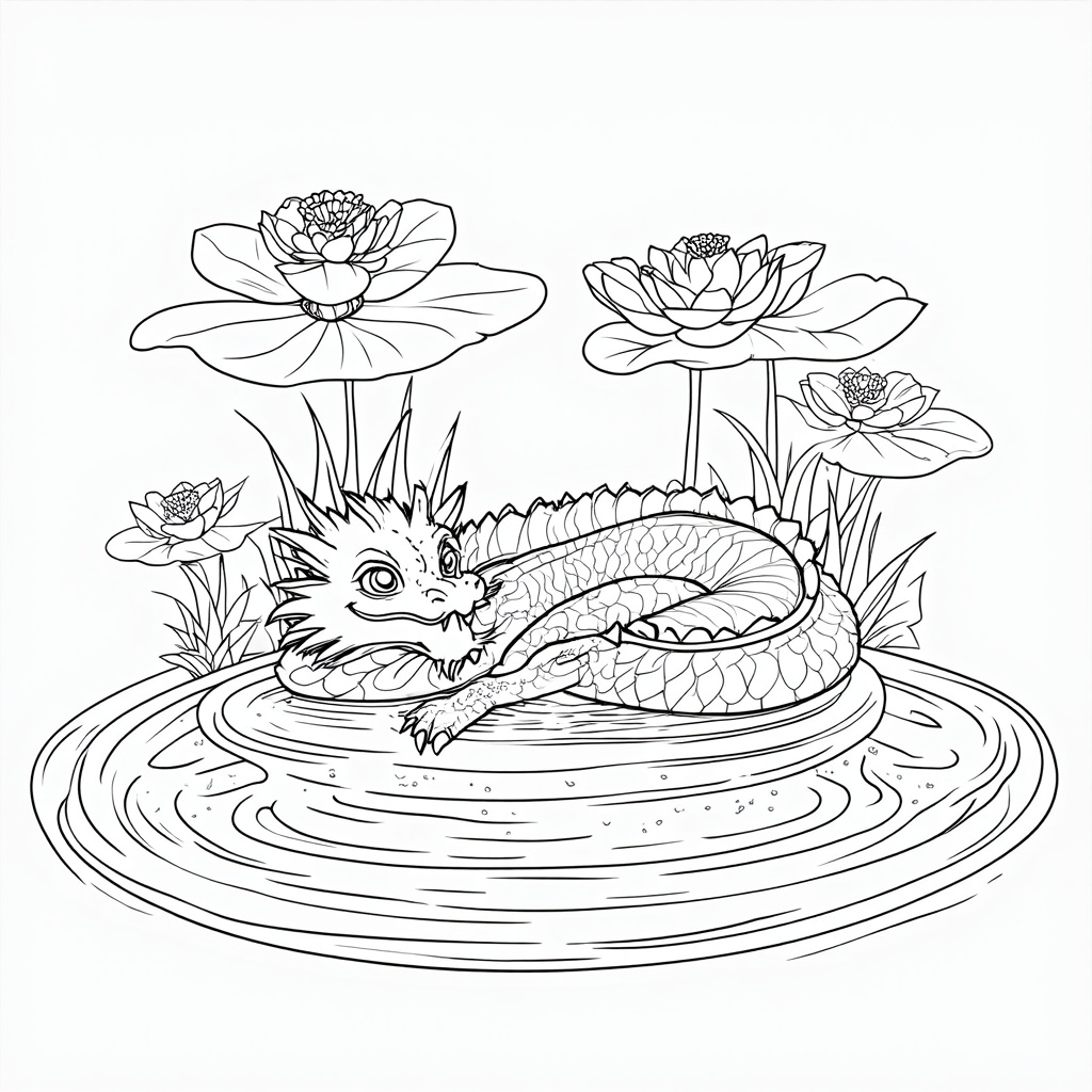 A painting of a dragon resting within a lily pond, surrounded by giant lotus flowers. Its body reflects in the tranquil water's surface, interrupted only by the occasional ripple. The scene is serene and meditative, enhanced by the dragon's graceful pose and the muted color palette.