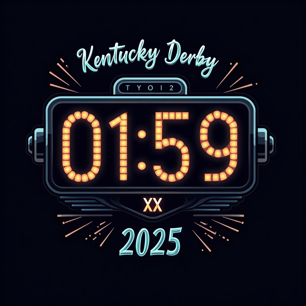 Modern Digital Timer Graphic: A sleek, glowing digital timer display stylized as a stopwatch interface. It reads '01:59:XX' (implying a fast time). 'Kentucky Derby' and '2025' are in bold, modern fonts above and below the timer. Accents of dynamic speed lines.