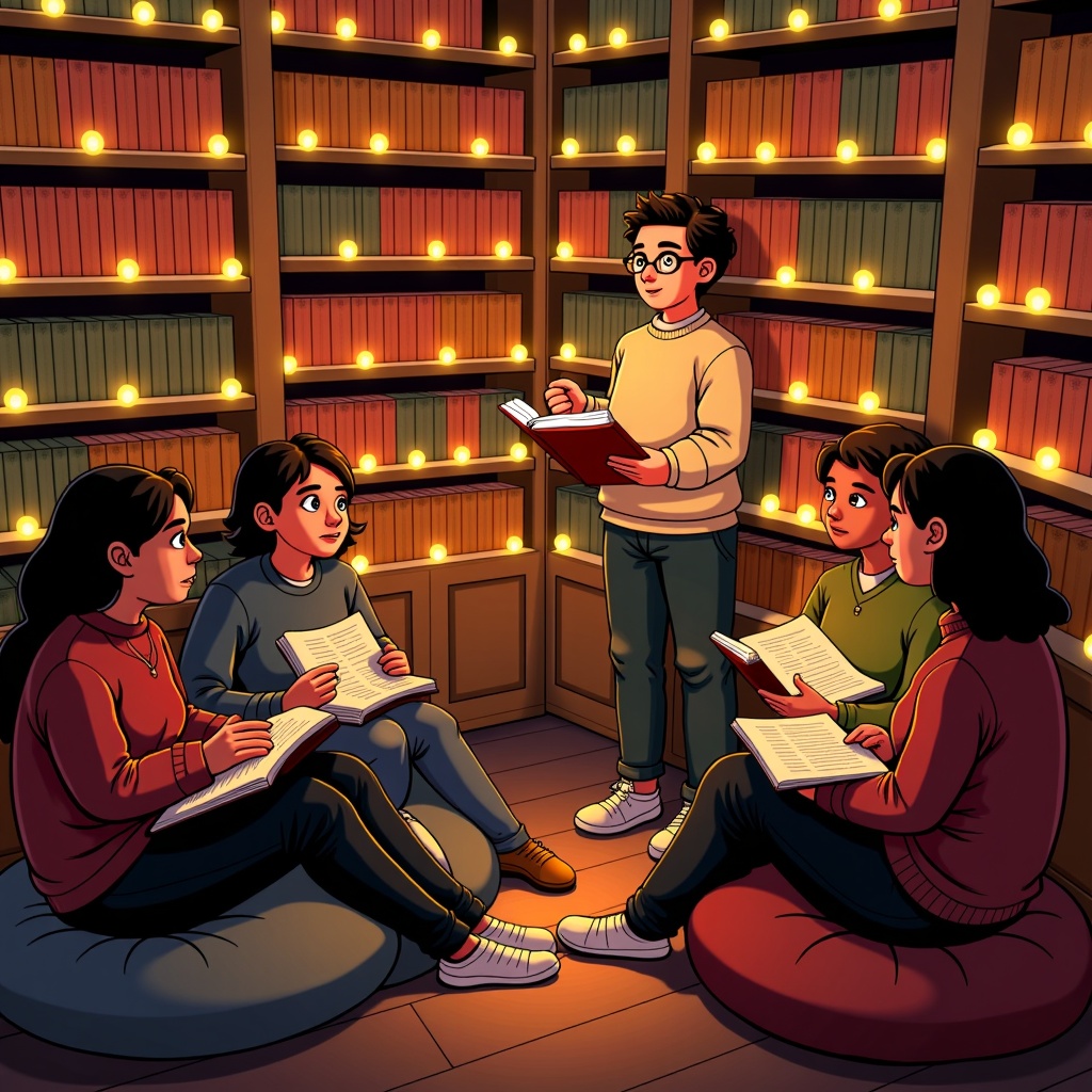 A scene set in a cozier environment like a bookstore corner or cafe stage, with fairy lights, creating an intimate feel between the poet and the listeners.