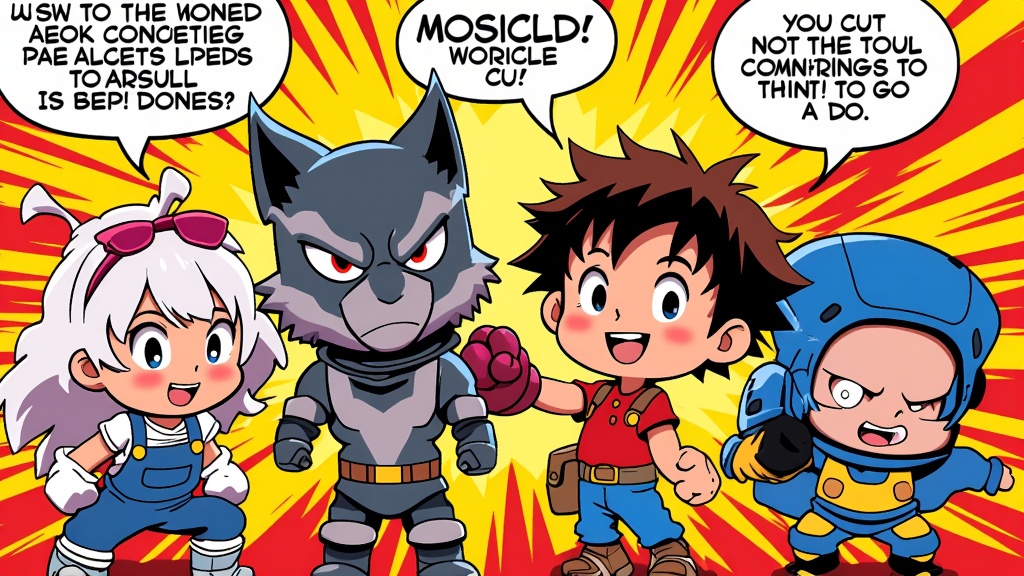 Chibi Pop Con-Fusion: Classic characters rendered in an adorable chibi style, but with a vibrant, modern pop-art treatment. Think bold outlines, flat, saturated colors, dynamic effects, and perhaps incorporating speech bubbles with current slang or inside jokes relevant to the MomoCon community.