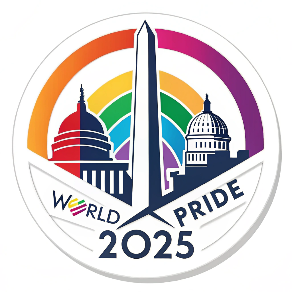 D.C. Landmark Fusion: Sticker design integrating WorldPride 2025 logo elements (like colors or abstract shapes) with a stylized silhouette of an iconic Washington D.C. landmark, such as the Capitol dome or Washington Monument.