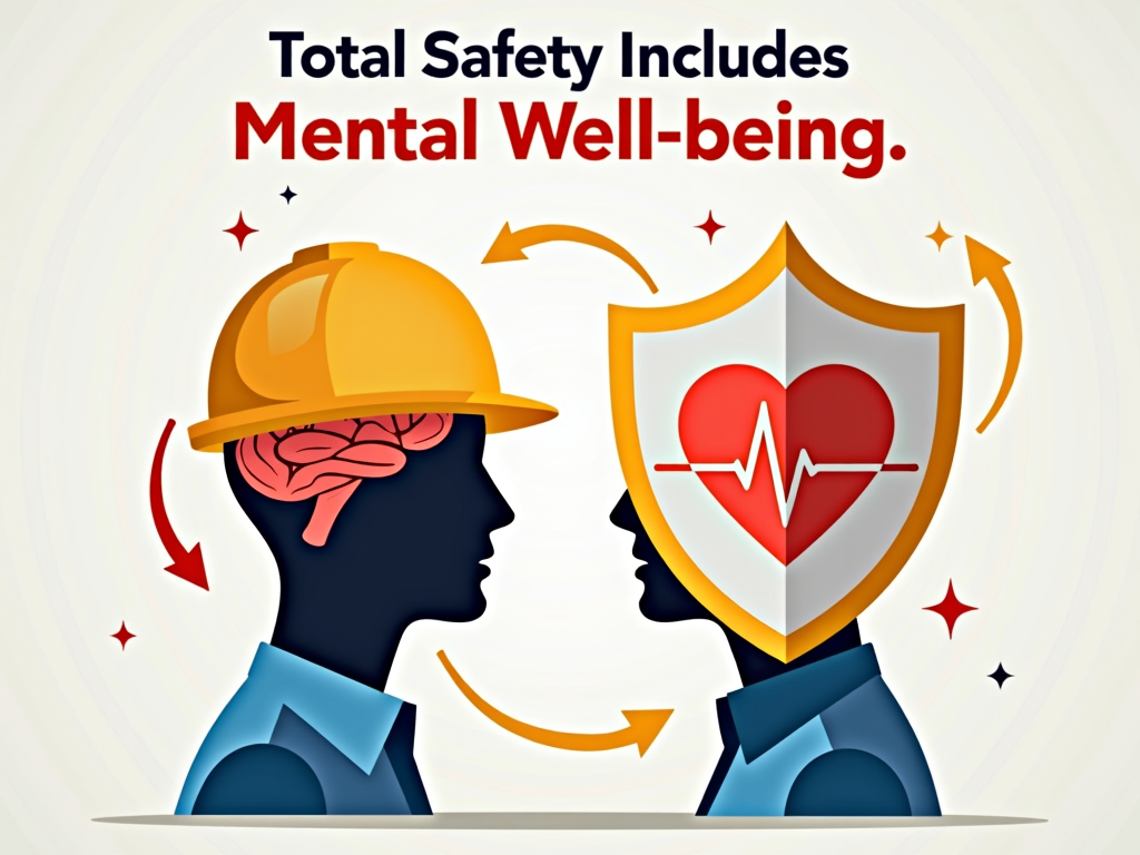Poster Design 2: Feature interconnected icons representing mental health (brain, heart) and traditional safety (hard hat, shield) to visually link mental and physical safety. Headline: 'Total Safety Includes Mental Well-being'.