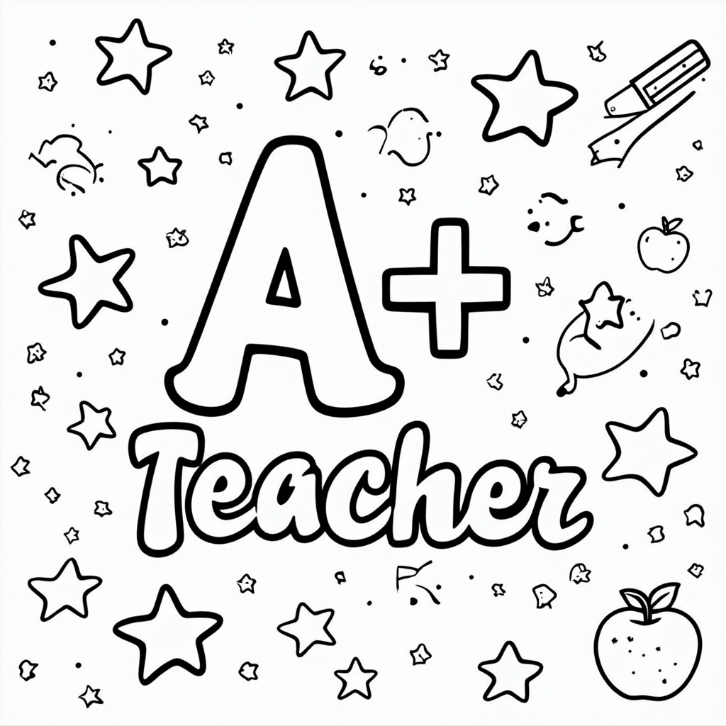 A coloring page featuring a large 'A+ Teacher' text stylized like a grade on a report card. This central text is surrounded by numerous stars of various sizes and simple patterns, with optional subtle doodles of school supplies (pencils, apples) in the background available for coloring.