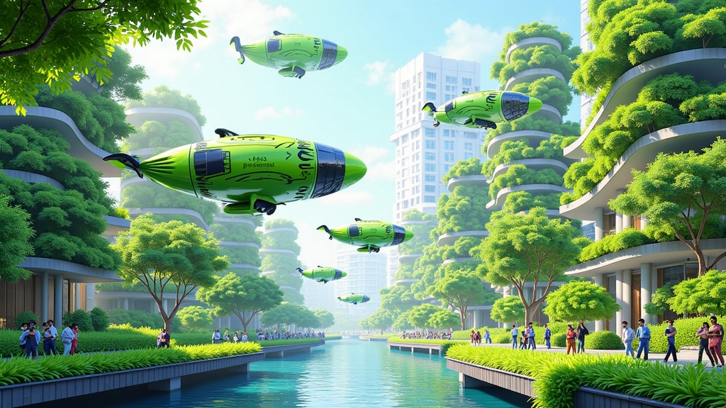 Green Transit Oasis: Depict robotaxis moving through a verdant futuristic city where technology and nature harmoniously coexist, featuring vertical gardens, integrated parks, clean energy sources, and possibly bio-mimetic robotaxi designs.