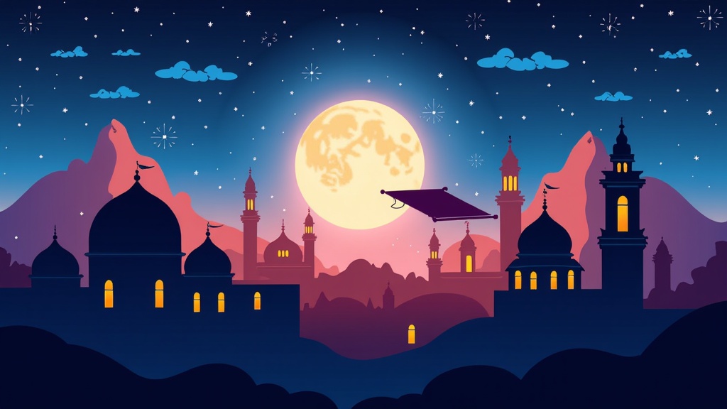 Illustrate the unique architectural silhouettes of the desert city—domes, minarets, and arches—against a prominent, luminous moon. The flying carpet is a smaller, elegant element moving across this backdrop.