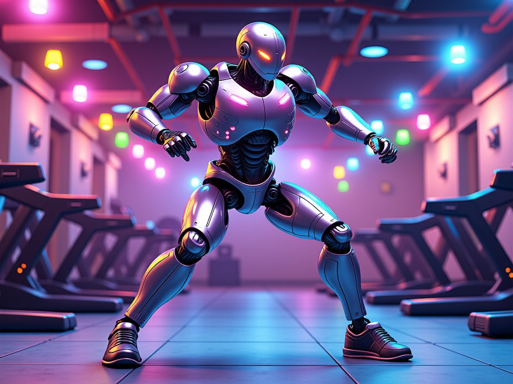  a robot in a gym. The robot is in a dynamic pose, with its arms and legs stretched out in front of it. It has a metallic body with a blue and silver color scheme, and a helmet with a red light on top. The background of the image is a gym with rows of treadmills and colorful lights. The floor is tiled, and the walls are painted in a light pink color. The overall atmosphere of the gym is futuristic and energetic.