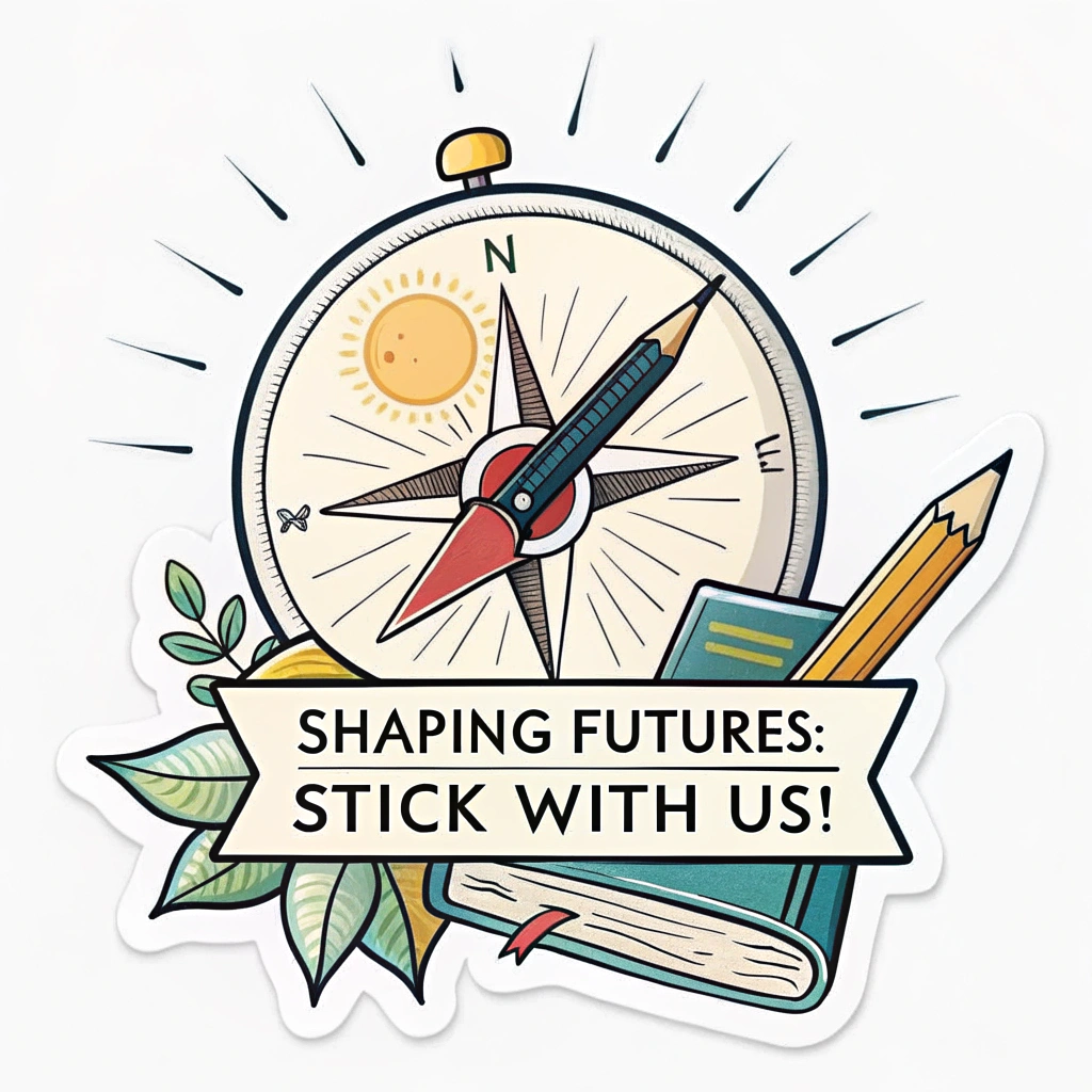 Sub-design 3 (Guiding Path): A stylized compass with the needle pointing towards a rising sun, symbolizing guidance towards a bright future. The compass points could be pencils or books. The slogan 'Shaping Futures: Stick With Us!' could be integrated along the compass rose or beneath the hopeful sunrise.