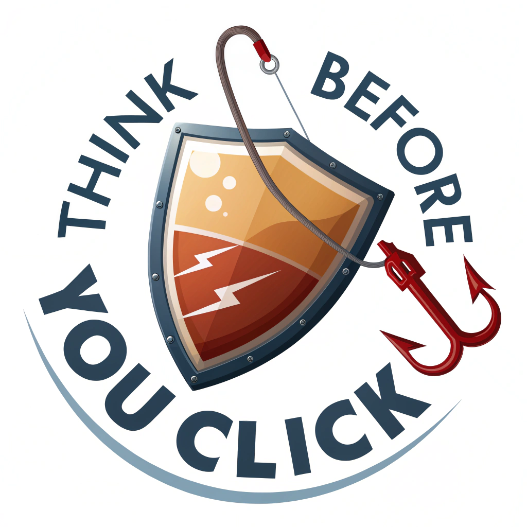 Sub Design Idea 1: A dynamic shield icon actively deflecting a stylized red phishing hook. The text 'Think Before You Click' is prominently displayed, perhaps in a bold, slightly arched font around the shield.