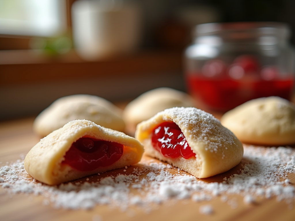 A slightly pink-tinted cookie dough, rolled in a granulated sugar before baking, filled with a generous portion of homemade strawberry jam.