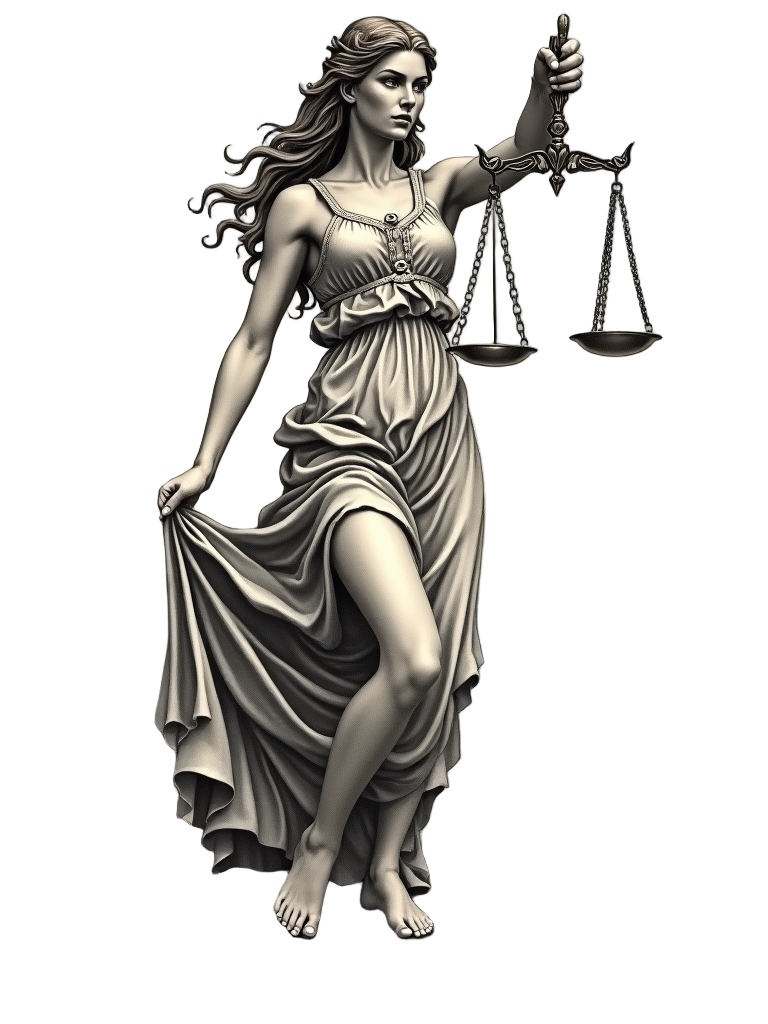 A Lady Justice tattoo presents her in motion, with scales gently swaying as her gown appears to flow in the breeze.