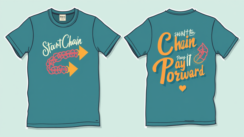 An abstract forward arrow created from interconnected lines, symbolizing the chain reaction of good deeds. A small heart icon marks the starting point. Text: 'Start the Chain. Pay It Forward.'