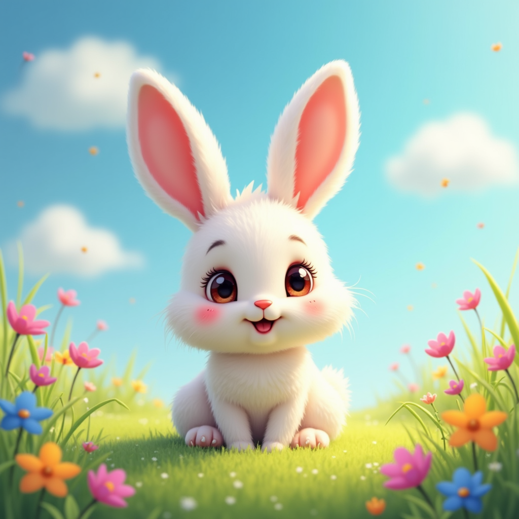 The image is a digital illustration of a cute white bunny sitting on a grassy field with colorful flowers. The bunny has big pink ears and is looking directly at the camera with a big smile on its face. The background is a bright blue sky with white fluffy clouds. The grass is green and there are small pink and orange flowers scattered throughout the field. The overall mood of the image is cheerful and playful.