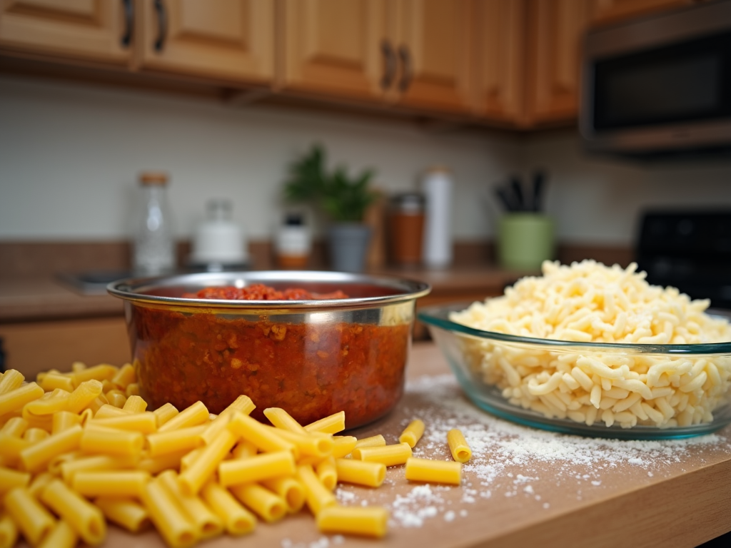 A snapshot of the beginning stages of preparing baked ziti, with uncooked penne pasta, a pot of simmering tomato sauce, grated cheese, and a glass baking dish ready for assembly.