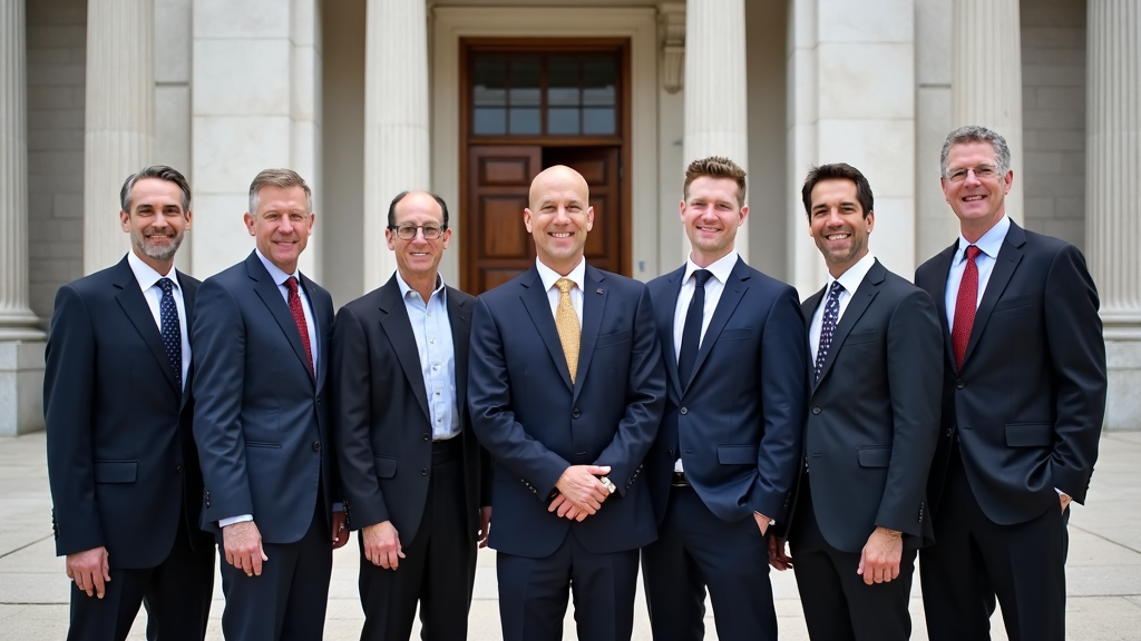 A group of government officials standing in front of the United States Department of Government Efficiency building, their confident smiles reflecting dedication. Each member is dressed in formal business attire with identification badges prominently displayed.