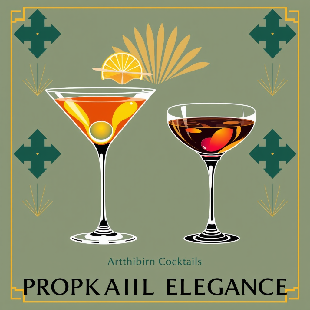 Sub-design Idea 2: Prohibition-Era Cocktail Elegance. Art Deco inspired icons of classic 1920s-30s cocktails (e.g., Martini, Old Fashioned) in elegant coupes or Nick & Nora glasses. Feature geometric patterns, gold accents, deep jewel tones, and sophisticated Art Deco fonts.
