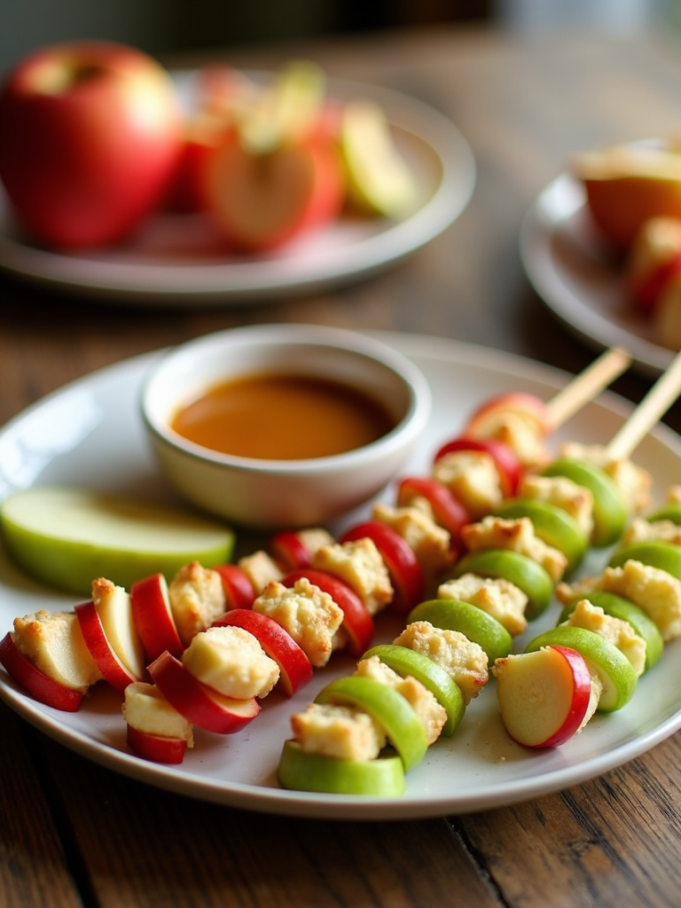 Apple slice skewers with caramel for dipping, making it a fun and interactive treat.