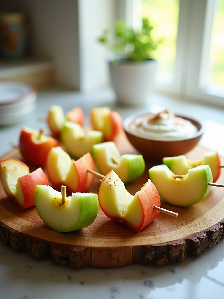 Mini Apple Wedge Skewers with Yogurt Dip: Make it a fun and easy treat by assembling mini apple wedges on skewers served with a creamy yogurt dip.