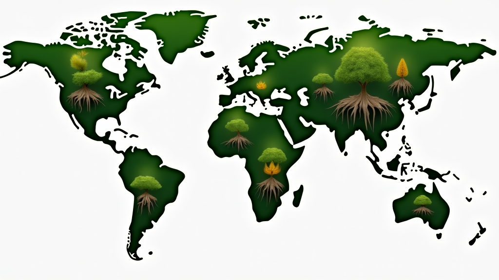 A world map where each continent has a unique, growing plant or tree native to that region, all interconnected by subtle root systems below the map. The 'Go Green' message could be embedded within the roots or branches.