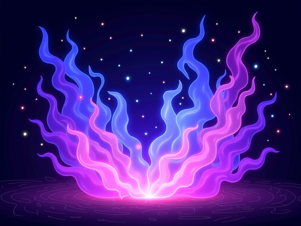 The image is a digital illustration of a fiery explosion. The background is black with small white dots scattered throughout. In the center of the image, there is a large explosion of pink and blue flames. The flames are curved and wavy, creating a sense of movement and energy. The colors are vibrant and the overall effect is dramatic and dynamic.