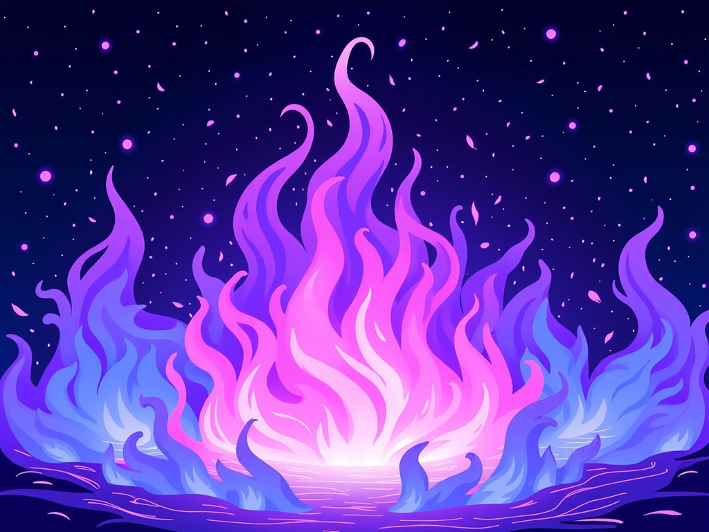 The image is an illustration of a fire in the night sky. The fire is in the center of the image, with the flames reaching upwards towards the top of the frame. The flames are in shades of pink, purple, and blue, with swirls and curves that create a sense of movement and energy. The background is a deep blue with small white stars scattered throughout. The overall color scheme is vibrant and eye-catching, with a mix of blues, greens, and yellows. The image has a dreamy and surreal feel to it.